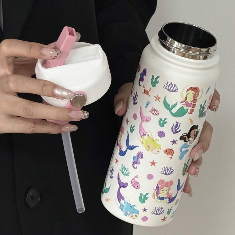 HILAKE 1 件 600 毫升可爱独角兽和美人鱼设计保温水瓶带手柄 - 完美的夏季补水复古饮具，适合办公室、派对、健身、露营和旅行 - 送给家人、朋友和爱人的理想礼物 - 彩色 - 查看 8