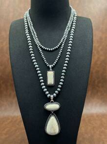 Retro Western Country Style Faux Pearl CCB Beaded Necklace Chain With Water-Drop Pendant, 3 Layers Chain Design, Matching Rectangle Earrings, Suitable For Women And Girls To Pair With Daily Outfit, Party Accessories, Jewelry, Gift For Family/Friends/Yourself