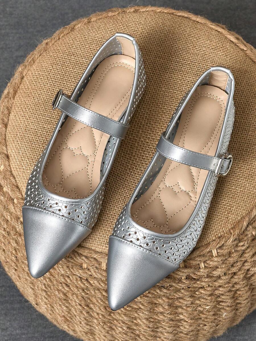 WHDXY 优雅的银色镂空平底鞋，适合日常穿着
