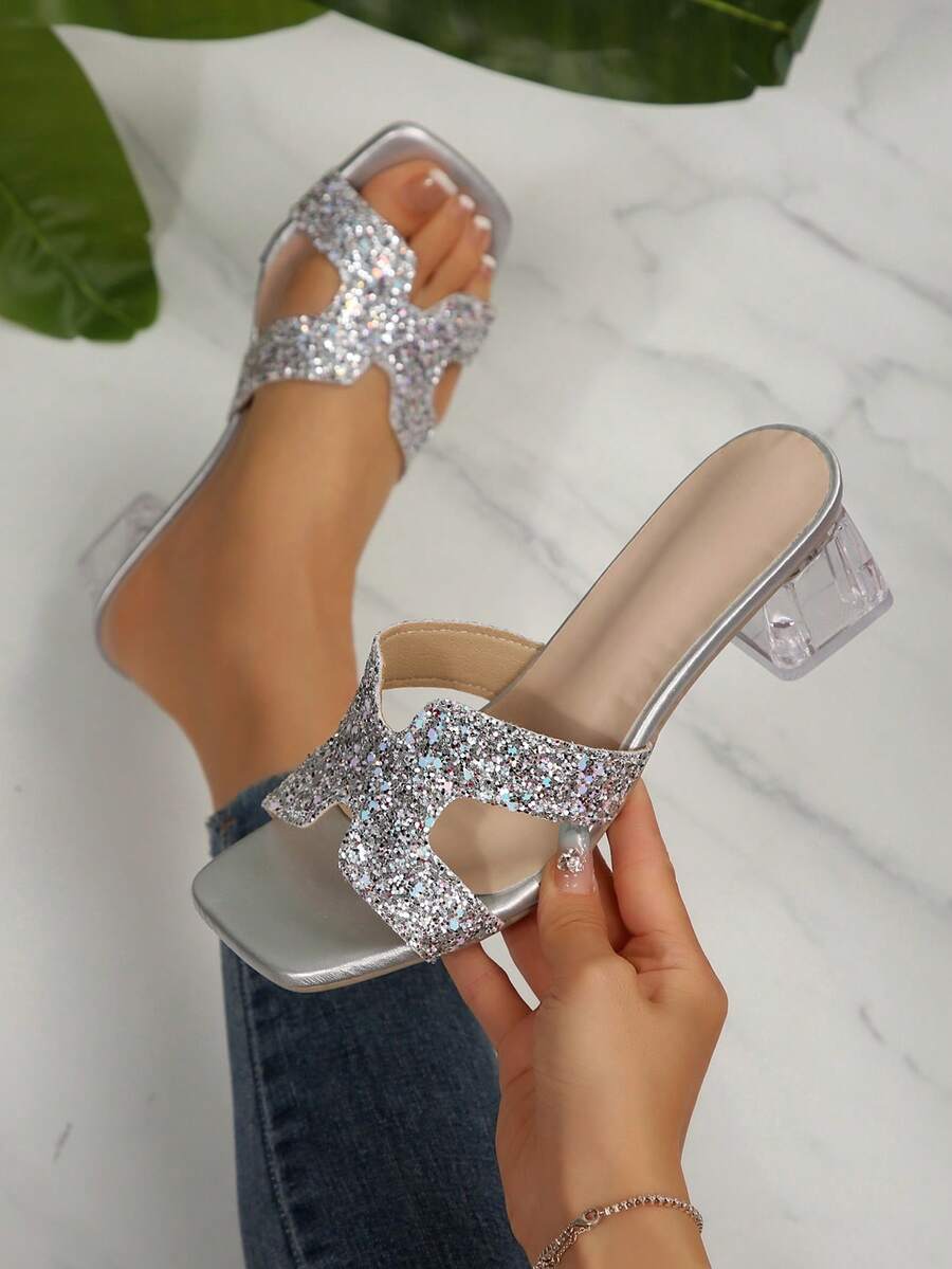 Sandales à talon bas pour adolescentes, matériau scintillant argenté convenant à la plage, aux vacances, aux bals, aux fêtes, aux sandales de mode d'été - Argent - Voir 1