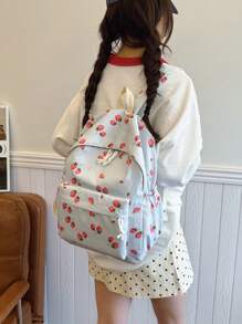 1pc, Versatile, Fashionable, High-Value, Niche Design, Casual, Cute, Sweet, Hand-Held Backpack, Fabric Letter Strawberry Print, Adjustable Shoulder Strap, Large Capacity, Multi-Pocket Backpack, Suitable For Women'S Daily Commuting And Going Out For Shopping And Play