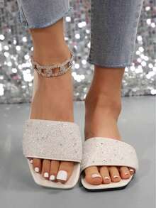 Women's Sport Sandals/Slippers, Summer Outdoor Faux Pearl & Rhinestone Slide Sandals, Solid Color Open Toe Strap Flat Casual Sandals