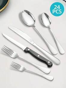 24 件银餐具套装，包括牛排刀、叉子、汤匙、甜点勺、4 套餐具 - 适用于家庭、餐厅、酒店、派对、婚礼、自助餐、不锈钢餐具套装、镜面抛光餐具套装、厨房用具套装、叉刀勺套装、可用洗碗机清洗
