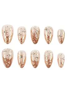 Instantly Upgrade Your Look With 24pcs Personalized Vintage Street Simple Daily Elegant 3D Gold Asymmetric Heavy Metal And Golden Asterism Rhinestone Decor French Short Almond Fake Nail Kit, Suitable For Elegant And Personalized Girls And Women To Use In Daily Life