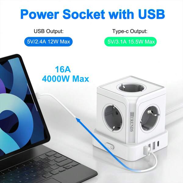 HITRENDS Prise de courant multifonction Cube 9-en-1 | Avec chargement rapide intelligent USB-C (15,5 W) | 5 prises de courant CA + 4 ports USB | Cordon d'alimentation de 2 mètres | 4000 W/16 A | Boîte de rangement de bureau compacte | Certifié de sécurité | Essentiel pour la maison, le bureau et les voyages | Blanc