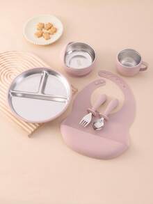 6PCS Print On Demand Silicone Bib Stainless Steel Cup Spoon Fork Sets Self Feeding Training Bowl Plate With Suction Base Tableware Sets, Shower Gift, Led Weaning, Personalized Gift - Multicolor - View 19