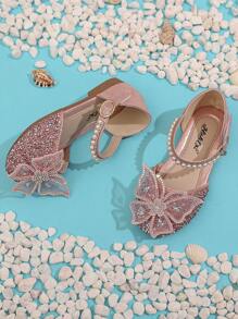 1 Pair Fashion Princess Shoes For Little Girls, Featuring Faux Rhinestones & Bow Detailing, Soft Sole Sandals, Rhinestone Baby Shoes, Sequin Ballet Flats