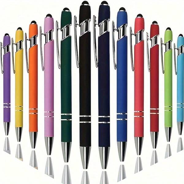 12pcs Random Color Cute Mixed Color Round Ball Pens With Ballpoint Pen, Black Ink, 2-In-1 Metal Pen, 1.0mm Round Tip, Smooth Point, Clip, School & Office Supplies, Christmas Gift, School Supplies,Back To School