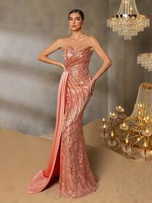 Faeriesty 奢华亮片和串珠美人鱼礼服 - 无肩带，后背交叉带，高开衩，露出鱼鳞亮片装饰，喇叭形薄纱裙摆，适合出席正式晚宴、新娘宴会和红毯晚会