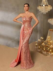 Faeriesty Faeriesty Luxury Sequin & Beaded Mermaid Gown - Strapless With Cross Back Straps, High Slit Revealing Fish-Scale Sequin Accents, Flared Tulle Train Overlay For Black Tie Affairs, Bridal Banquets, Red Carpet Galas