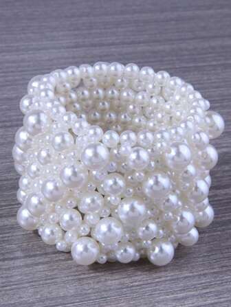 1pc Stylish Minimalist Braided Pearl Decor Extra Wide Bracelet For Women