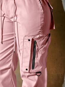 女士弹力腰带抽绳工装裤，带翻盖口袋、拉链细节、金属纽扣和开衩裤脚，Y2K音乐节风格 - 粉色 - 查看 5