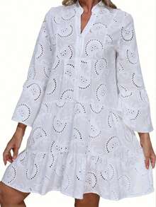 Women's Fashion Casual Hollow-Out Lace Trim Open Front Loose Long Sleeve Dress - 白色 - 查看 4