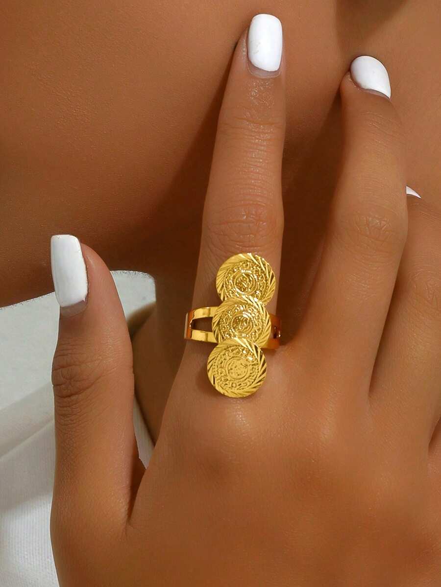 1pc European And American Fashionable Abstract Retro Asymmetrical Pattern Cool Tone Women's Ring Plated With 18k Gold
