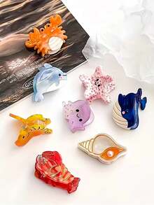 发夹 8 件彩色海洋小动物夹女士夏季海洋配饰贝壳刘海海豚侧夹章鱼螃蟹发夹海星发饰套装礼物发饰优雅爪夹，学校用品，大学
