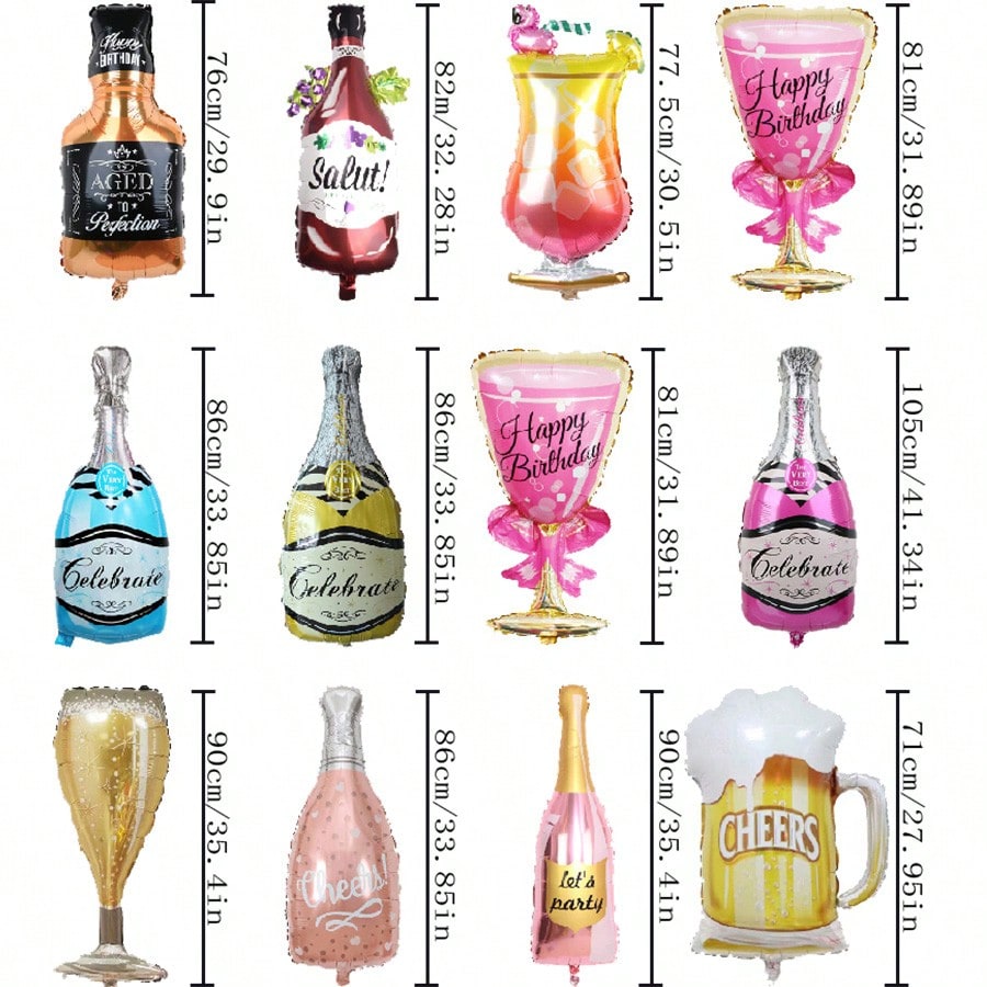 1 pieza Conjunto de globos de papel de aluminio para fiesta, incluye copa de champán, copa de champán con tallo, botella de champán, botella de fiesta, botella de whisky, botella dorada rosa, copa con 