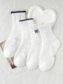 4 Pairs Girls' Bowknot Design White Mesh Casual Breathable Student Socks, Suitable For Spring/Summer Daily Wear