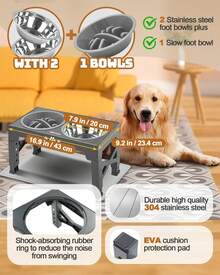 Jovrun Elevated Dog Bowls, Dog Feeder With 2 Stainless Steel Dishes &Amp;1 Slow Feeder Bowl, 5 Heights Adjustable Raised Stand For Medium Large, Food Dishes With Non-Slip Feet - Dành cho chó trung bình lớn có thảm - Xem 2