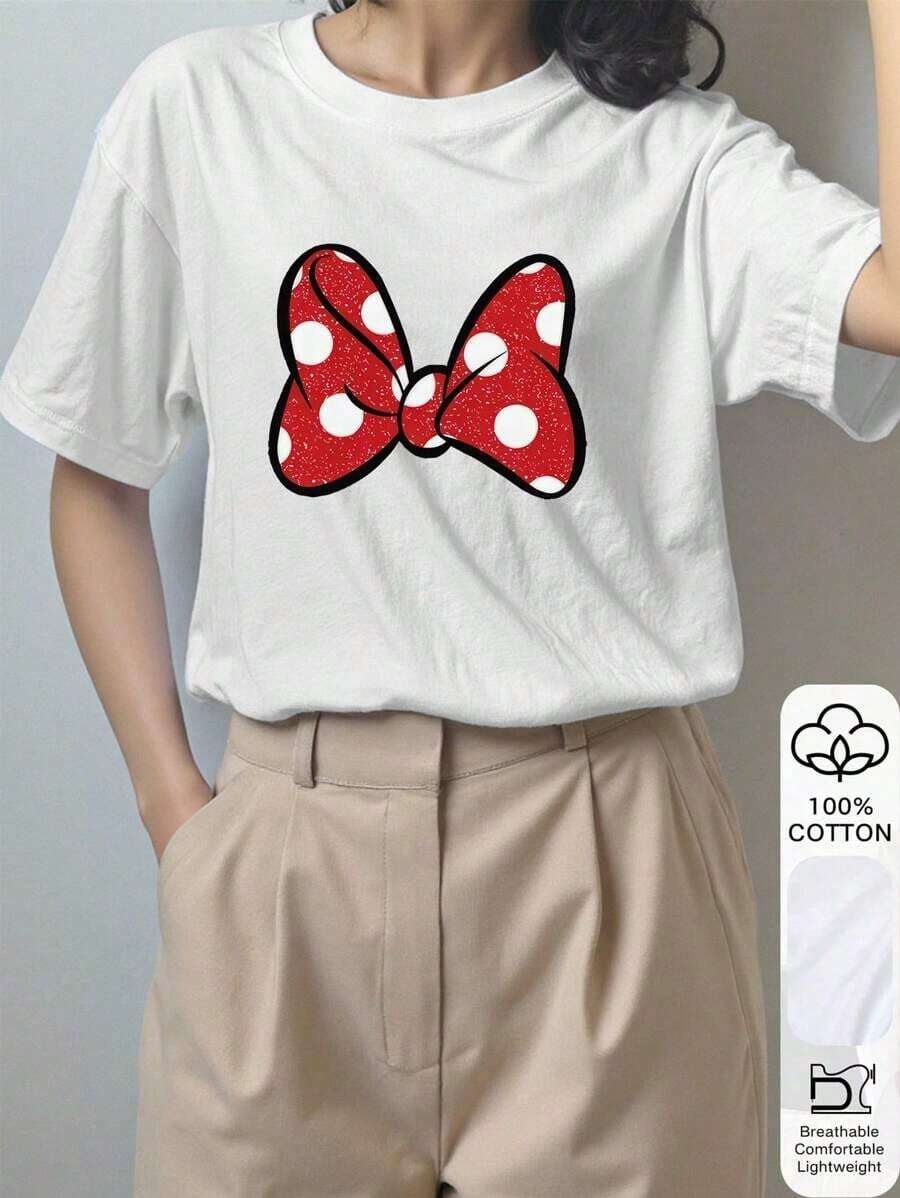 Nuevas camisetas superventas de 2026, estampado de lazo de lunares rojos, 100% algodón, camiseta de manga corta para mujer, Año Nuevo Chino, Año Nuevo Lunar, Año del Caballo, Festival de la Primavera, Feliz Año Nuevo, Día de San Valentín. - Blanco - Ver 1