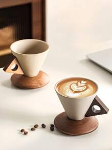 复古纹理卡布奇诺咖啡杯碟套装 | 法国利摩日瓷器 | 专利防溅漏斗设计 | 适用于意式浓缩咖啡、拿铁和玛奇朵