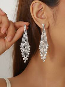 1 Pair Silver-Plated Fashion Tassel & Rhinestone Earrings Set, Suitable For Women Wedding Party Events - Silver - View 2