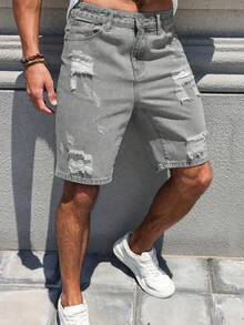 男士时尚做旧宽松休闲牛仔短裤 - 灰色 - 查看 6