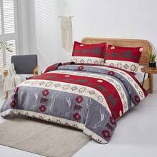 Reversible Lodge Plaid Bedding Moose Bear Quilt Full/Queen Size Rustic Bedspread Cabin Coverlet Wildlife Forest Daybed Cover Summer Lightweight Bed Cover Pillow Shams - 灰色勃根地酒紅 - 查看 2