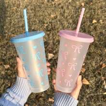1pc/5pcs/10pcs, 24oz Powder Blue Bow Plastic Cups With Lid And Straw, Reusable, Cute Clear Plastic Cups, Plastic Cups For Birthday, Wedding And Party Supplies