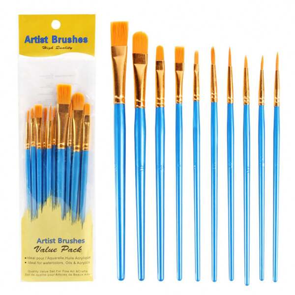 10pcs Artist Paint Brush Set, Professional Painting Brushes For Acrylic, Oil, Watercolor - Includes Pointed Round, Flat, Fan Shapes, Suitable For Children & Adultsschool Supplies,Back To School