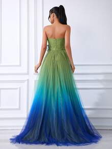 DELLA COUTURE Elegant Luxury Gradient Beaded Sequin Appliques Strapless Floor-Length Evening Gown Ideal For Formal Occasions Such As Banquets Weddings Proms And Parties. - Green - View 6