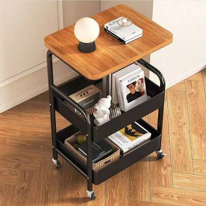 Movable Double-Deck Coffee Table With Wheels, Modern Minimalist Small Trolley Storage Rack For Home Kitchen Bedroom, Portable Snack Organizer Cart, Space-Saving Shelf Unit, Versatile Mobile Display Stand For Living Room Decor