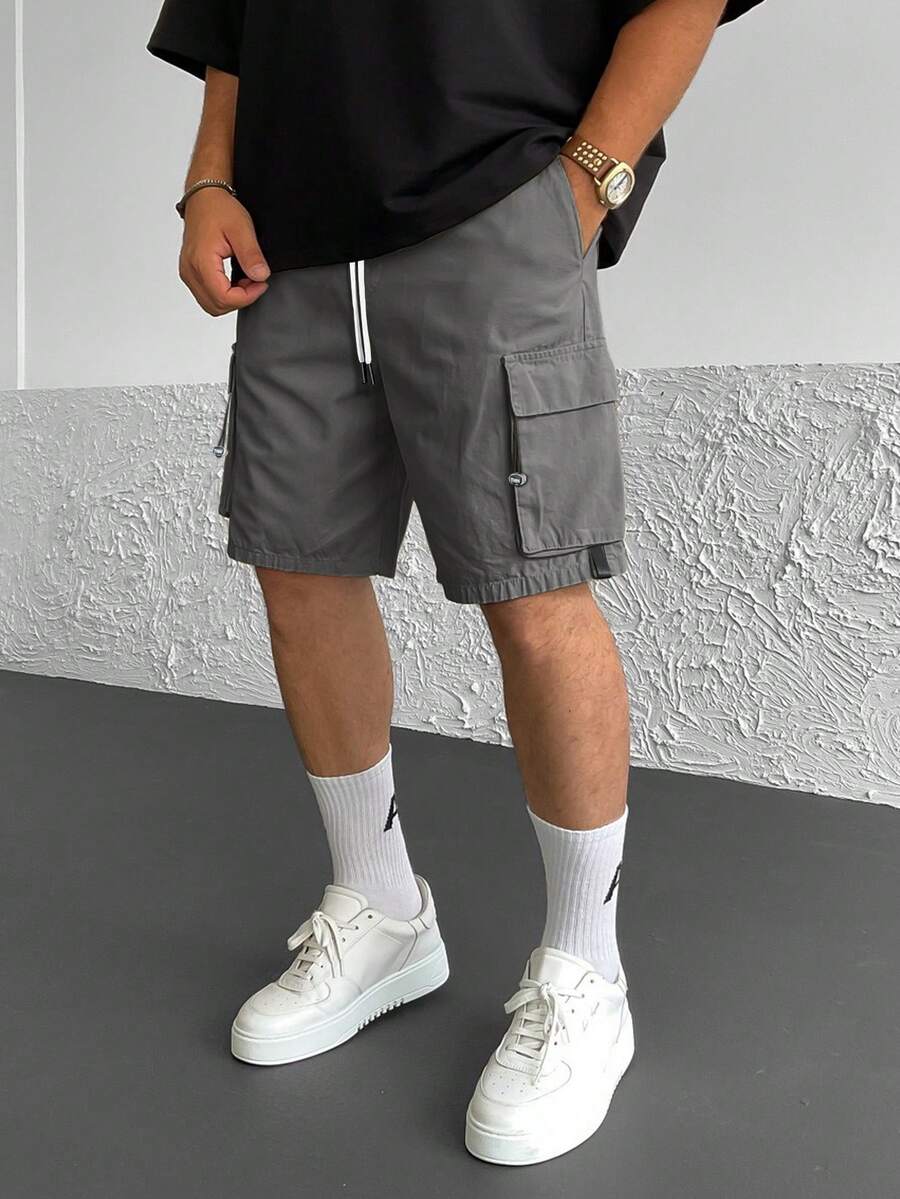 Men's Cool Multi-Pocket Design With Drawstring Details Straight-Leg Cargo Shorts, Flattering Leg - Dark Grey - View 1