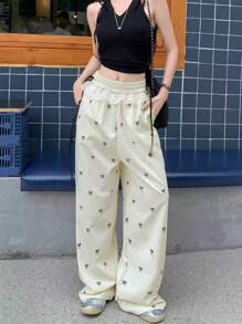 2025 Spring And Autumn Fashion Lace Ribbon Bowknot Print Wide Leg Pants, Suitable For Women In Spring, Autumn, Halloween, Christmas, Saudi National Day, New Year