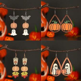 1 Pair Halloween Wooden Earrings For Women, Funny Pumpkin Ghost Bat Design Hollow Teardrop Dangle Earrings