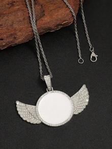 Personalized Rhinestone Studded Angel Wings Photo Necklace, Custom Photo Necklace, Hip Hop Photo Pendant, Iced Custom Round Photo Pendant, Silver, Stylish, Colorful, Vintage, Simple, Unisex, Casual, Cuties, Custom, Personalized, Unique, Ideal Gifts For Him, Ideal Gifts For Her, Her, Boyfriend, Girlfriend, Dad, Mom, Family, Friends, For Anniversaries, For Birthdays, For Graduation, For Prom, For Party, Stainless Steel Jewelry,Chic Autumn,Silver Stylish - Multicolor - View 8