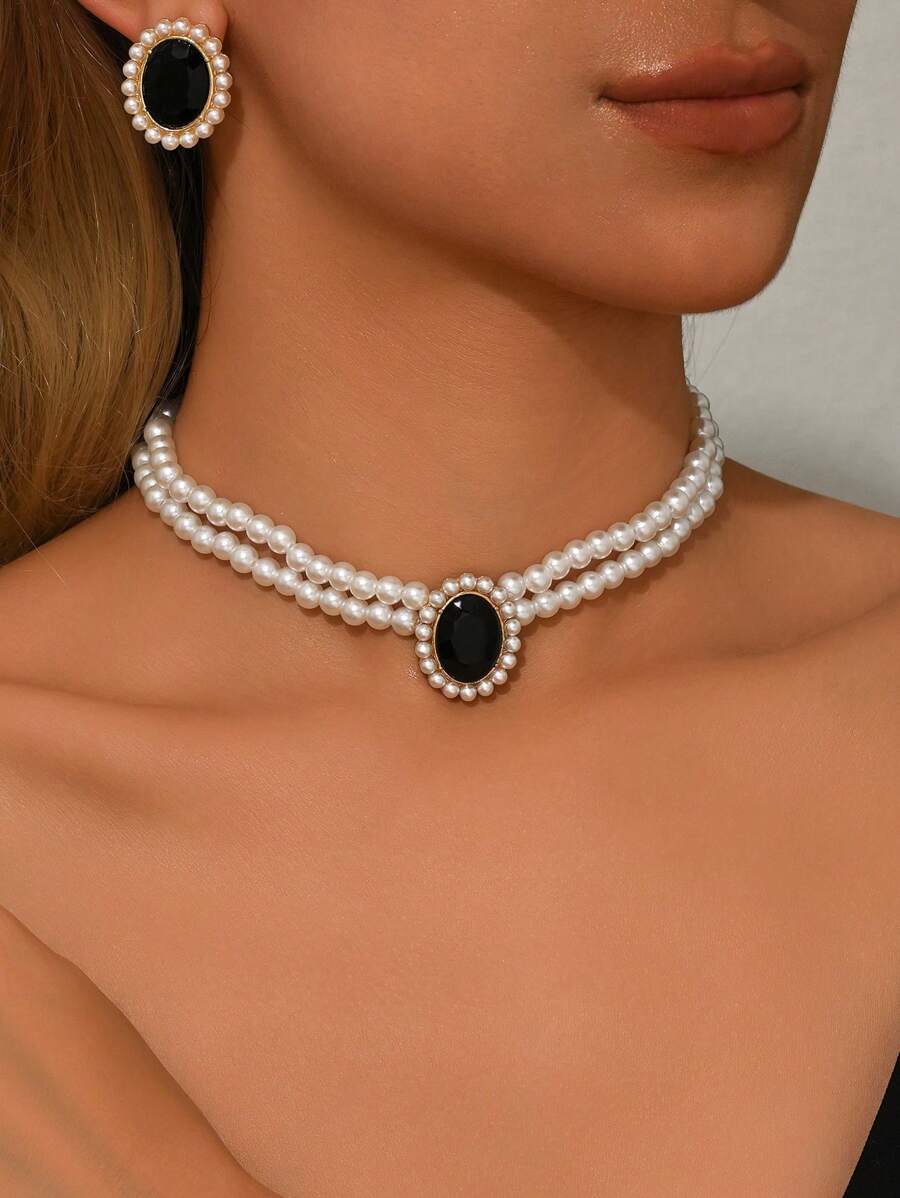 3pcs/Set Oval Geometric Faux Pearl Necklace & Earrings Set, Elegant Faux Pearl Jewelry For Women