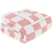 Downluxe Checkered Blanket Twin Size, 60x80 Inch Warm Lightweight Comfy Knitted Blanket, Ultra Cozy Twin For Bed/Sofa/Camping/Picnic (Sage Green) - 格紋粉紅色 - 查看 1