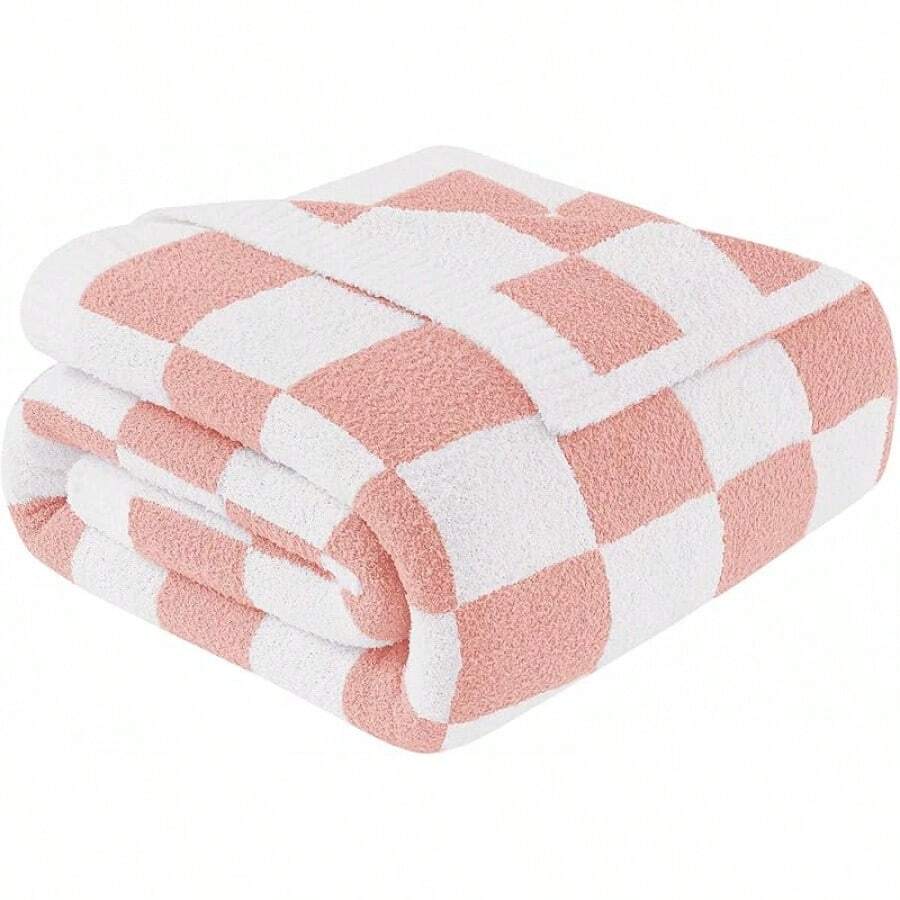Downluxe Checkered Blanket Twin Size, 60x80 Inch Warm Lightweight Comfy Knitted Blanket, Ultra Cozy Twin For Bed/Sofa/Camping/Picnic (Sage Green) - 格紋粉紅色 - 查看 1