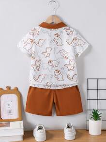 2pcs/Set Young Boy Cartoon Dinosaur All Over Print Short Sleeve Polo Shirt And Shorts Set, Suitable For Summer Outdoor, Casual, Sports, Daily Wear And School