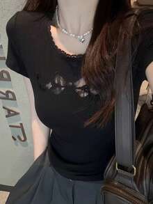 Ladies Summer Lace Trim Bow Hollow Shoulder Short Sleeve Tee