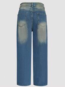 Jeans in denim lavato da donna, stile di strada alla moda con singola fila di pulsanti multipli, jeans dritti, morbidi, casual, retrò, blu, per uso quotidiano - Blu - Visualizzare 3