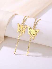 Customized Cute Butterfly Name Necklace For Women, Stainless Steel Butterfly Pendant Necklace With Personalized Vertical Cursive Letter, Handmade Jewelry Gift For Girlfriend, Birthday, Holiday - Gold - View 2