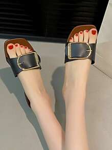 女士可调节扣式时尚平底方头休闲人字拖