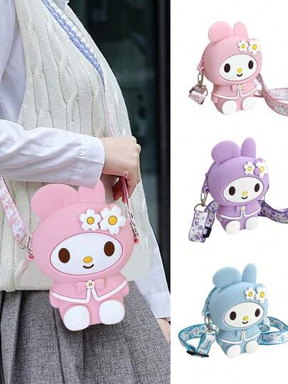 Sanrio 1/2 حقيبة كتف من السيليكون المقاوم للماء بسحاب وشريط قابل للفصل بطبعة الشخصية الكرتونية "ميلودي"