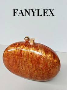 亚克力纹理闪亮手拿包，椭圆形金属小众复古硬壳包，配链条肩带，优雅精致的贝壳形单肩包，适合派对、宴会、舞会