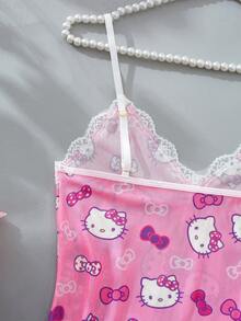 SANRIO 1pc Nữ  màu hồng dễ thương in kỹ thuật số, Bộ đồ ngủ màu hồng, Váy ngủ dễ thương, Cổ chữ V, Ren tương phản, Xẻ tà bên hông, Lưới mỏng & hở lưng, Váy lót gợi cảm, Rave cho đi chơi - Hồng - Xem 9