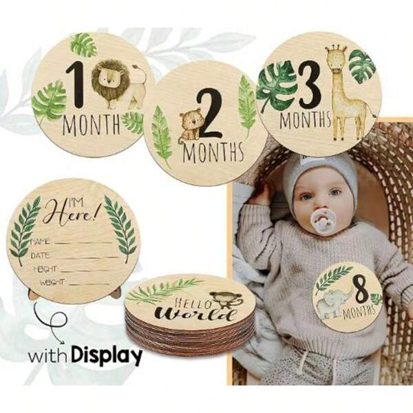 1PC Wooden Baby Monthly Milestone Card, Wooden Announcement Sign, Welcome Newborn Photography Props, Month Round Sign