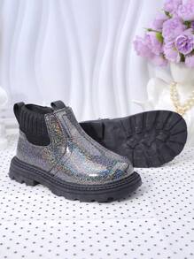 时尚新款婴儿靴，适合幼儿/大童的儿童靴，高帮女童踝靴，带侧拉链，平底休闲亮面皮革短靴 - 黑色 - 查看 6