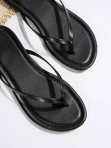 Women's Fashion Round Toe Flip Flops, Solid PU Leather Material, Summer New Arrival Versatile Flat Sandals Suitable For Outing, Dating, Holiday, Home, Casual, Commuting, Party - Black - View 8