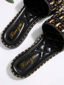 Women's Fashion Slip-On Sandals, 2025 Newest Styles, European-American French Korean Casual Versatile Flat Pearl Rhinestone Embellished Beach Vacation Slippers Valentines - Black - View 7